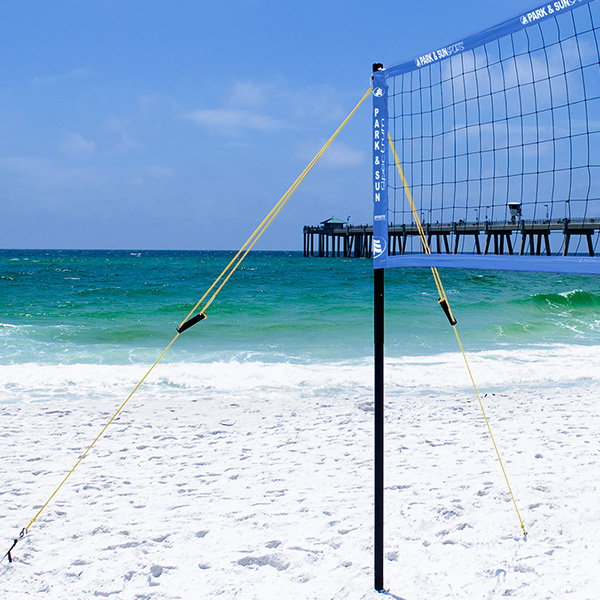 Portable volleyball set-up on beach 