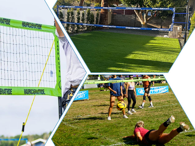 Custom volleyball nets by Park & Sun Sports featuring Waupaca Boatride event branding, League Sports tournament setup, and a custom backyard volleyball net.